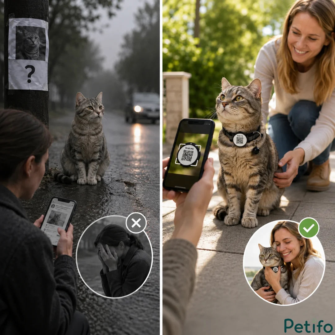 Before-and-after emotional contrast comparison demonstrating the peace of mind of quickly locating a lost cat using a smart QR tag versus searching blindly.
