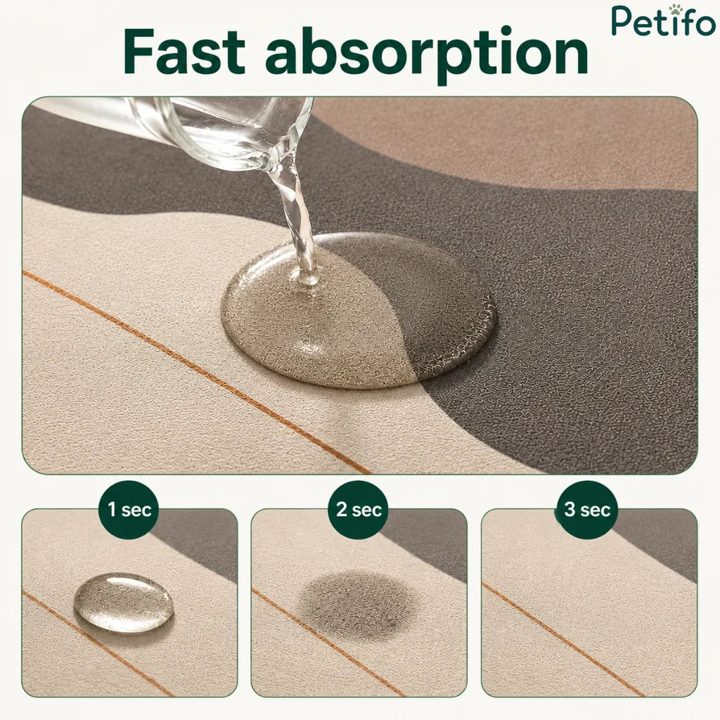 Macro demonstration showcasing the rapid water absorption technology and surface texture of the waterproof pet mat.