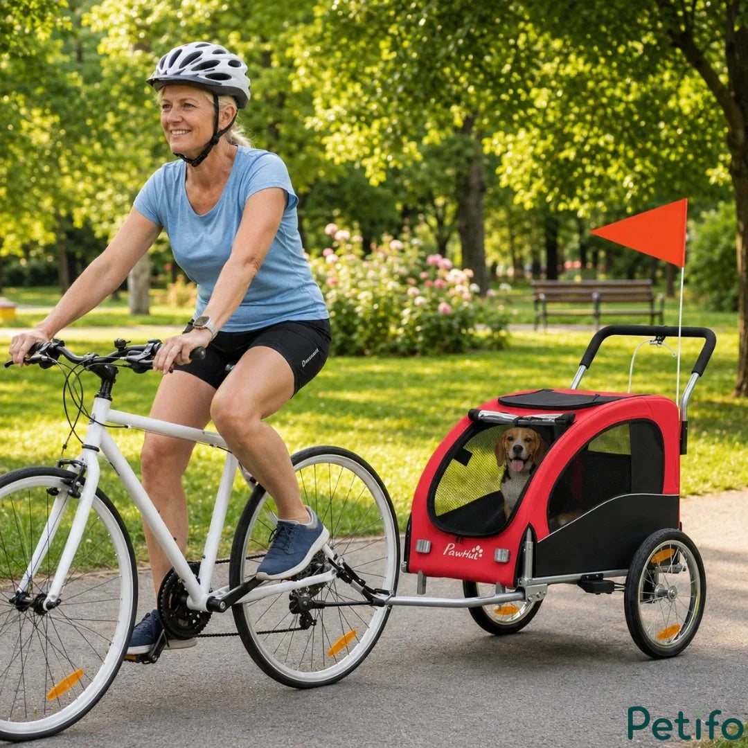Woman riding a white bicycle while towing the red Petifo pet bike trailer carrying a beagle in a park.