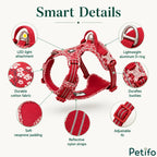 Detailed feature overview of the red floral dog harness highlighting its breathable cotton fabric, neoprene padding, and lightweight metal attachment points.