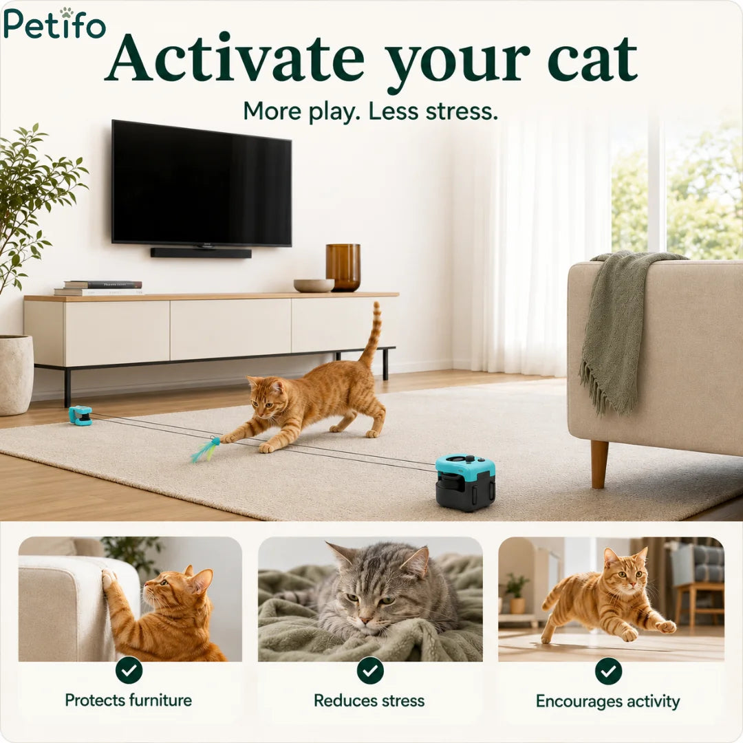 Overview banner highlighting how the interactive toy protects furniture, reduces stress, and encourages active cat play.
