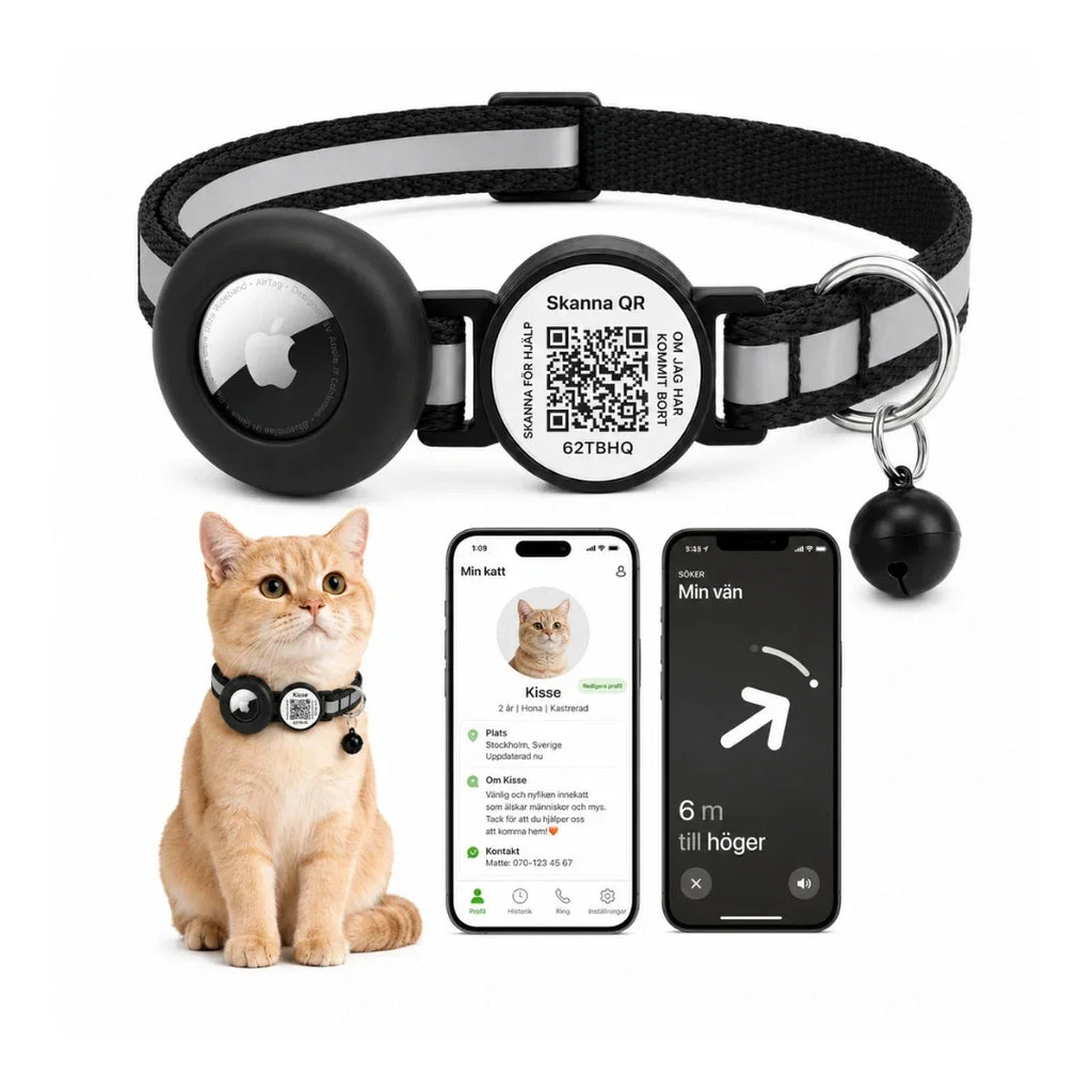 Reflective black cat collar featuring an AirTag holder, emergency QR code tag, and a small hanging bell next to a sitting ginger cat and smartphone tracking displays.