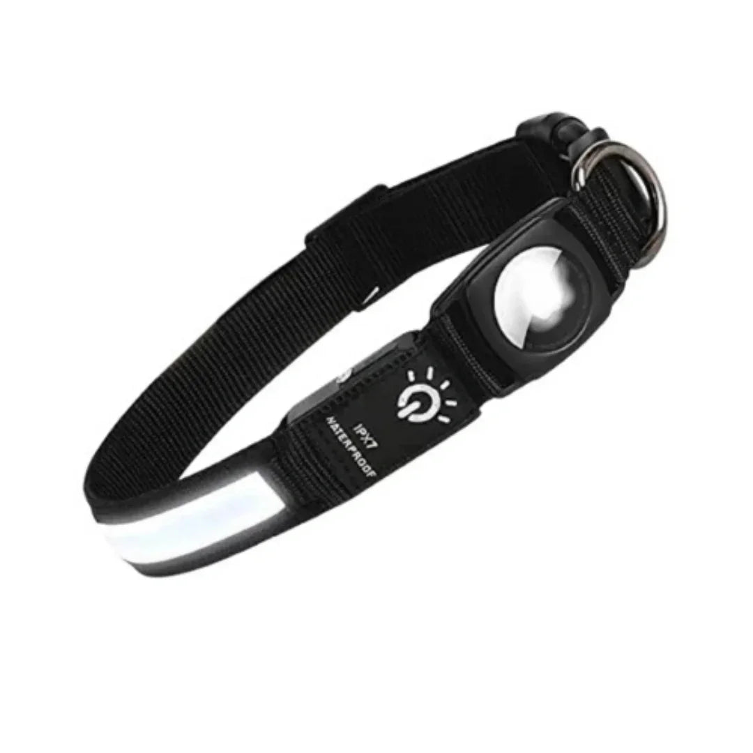 Black waterproof LED light-up dog collar featuring a built-in AirTag holder and reflective strip