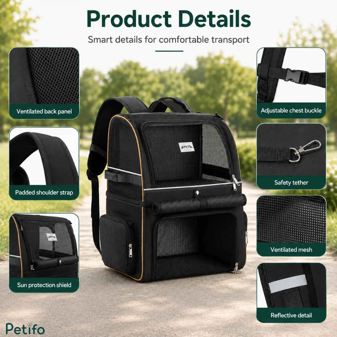 Detailed specification graphic pointing out safety tethers, padded shoulder straps, reflective strips, and breathable back panels