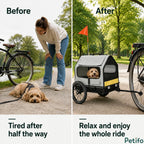 Before and after scenario showing a tired puppy on a leash compared to a happy dog relaxing inside the riding trailer.