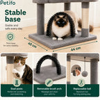 Detailed infographic highlighting the stable base, sisal scratching posts, replaceable cat toy, and removable grooming brush arch of our cat tree.