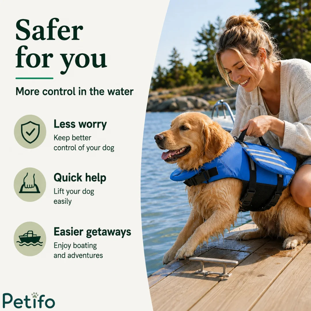 Woman standing on a wooden dock holding the rescue handle of a golden retriever wearing a blue dog life vest.