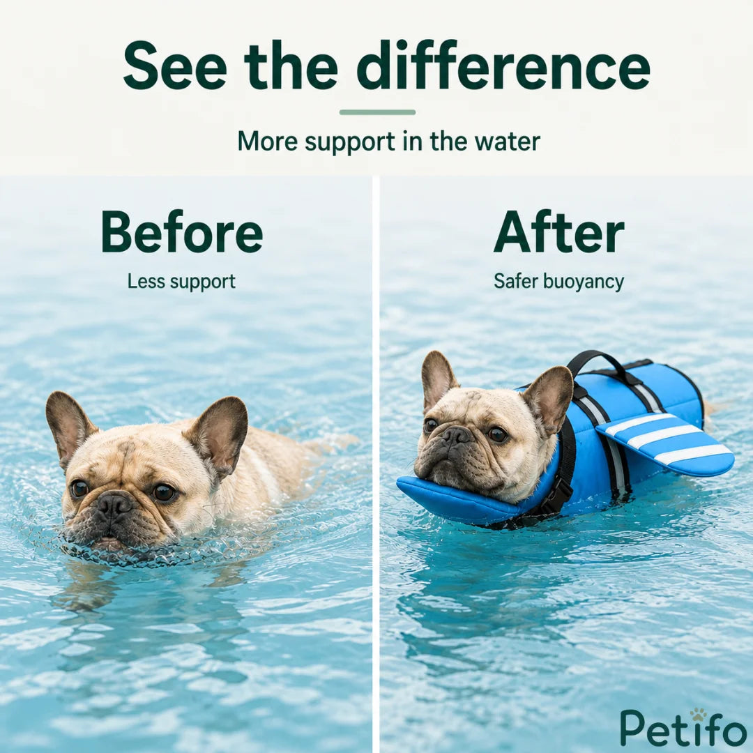 Side-by-side comparison showing a French Bulldog swimming with less support versus a safer buoyant dog life jacket.