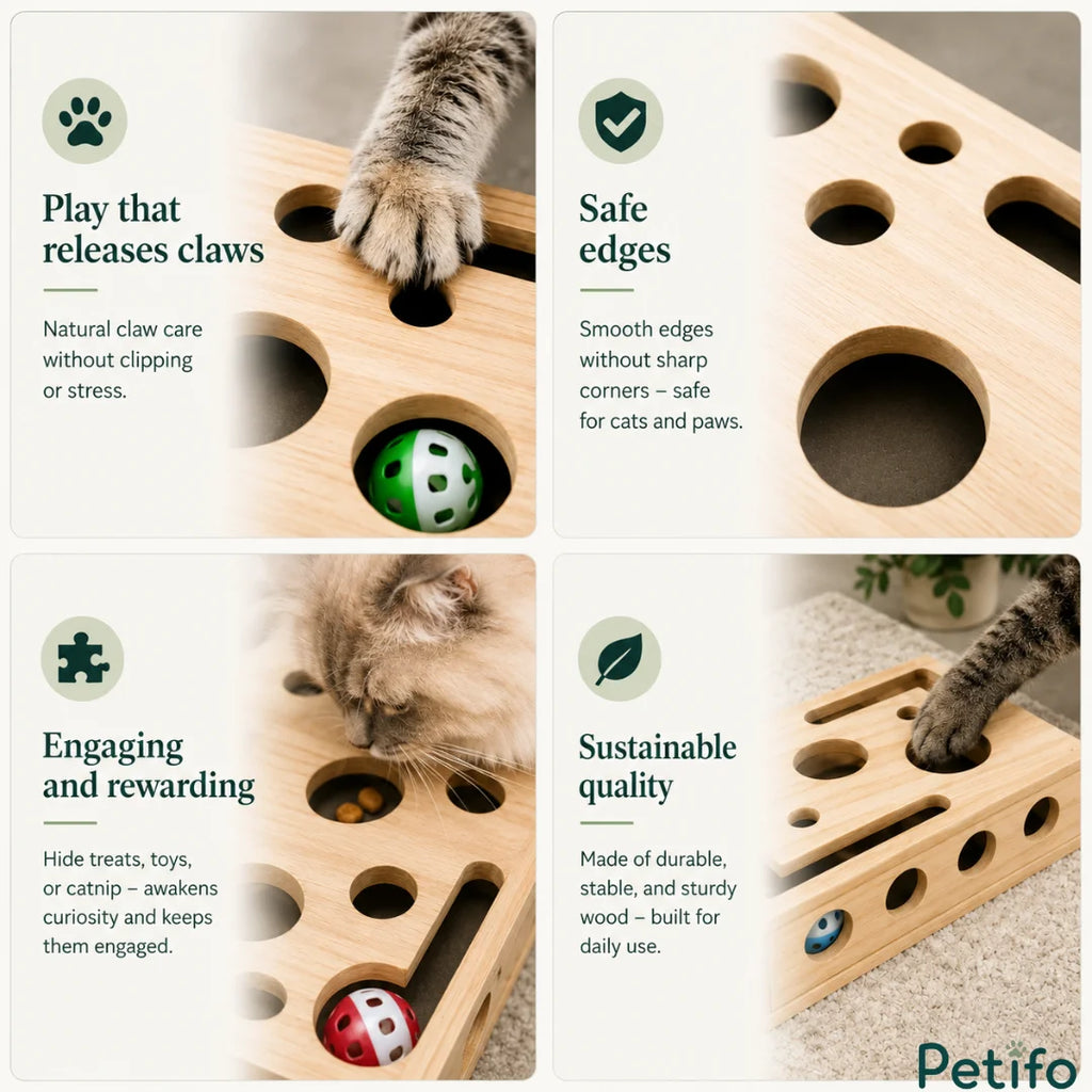 Four-feature breakdown grid highlighting natural claw care, smooth safe edges, treat-hiding puzzles, and durable wooden quality.