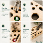 Four-feature breakdown grid highlighting natural claw care, smooth safe edges, treat-hiding puzzles, and durable wooden quality.