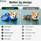 Comparison chart highlighting the design and safety advantages of an ergonomic dog life jacket over a basic model.