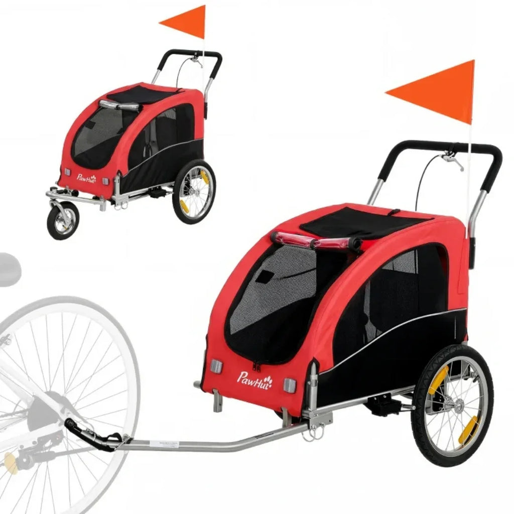 Petifo 2-in-1 Red Pet Stroller and Bike Trailer shown from multiple angles with attached safety flag and bicycle tow bar.