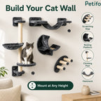 Complete overview of a modular wall cat furniture kit showcasing individual components like scratching steps, platforms, posts, and hammocks.