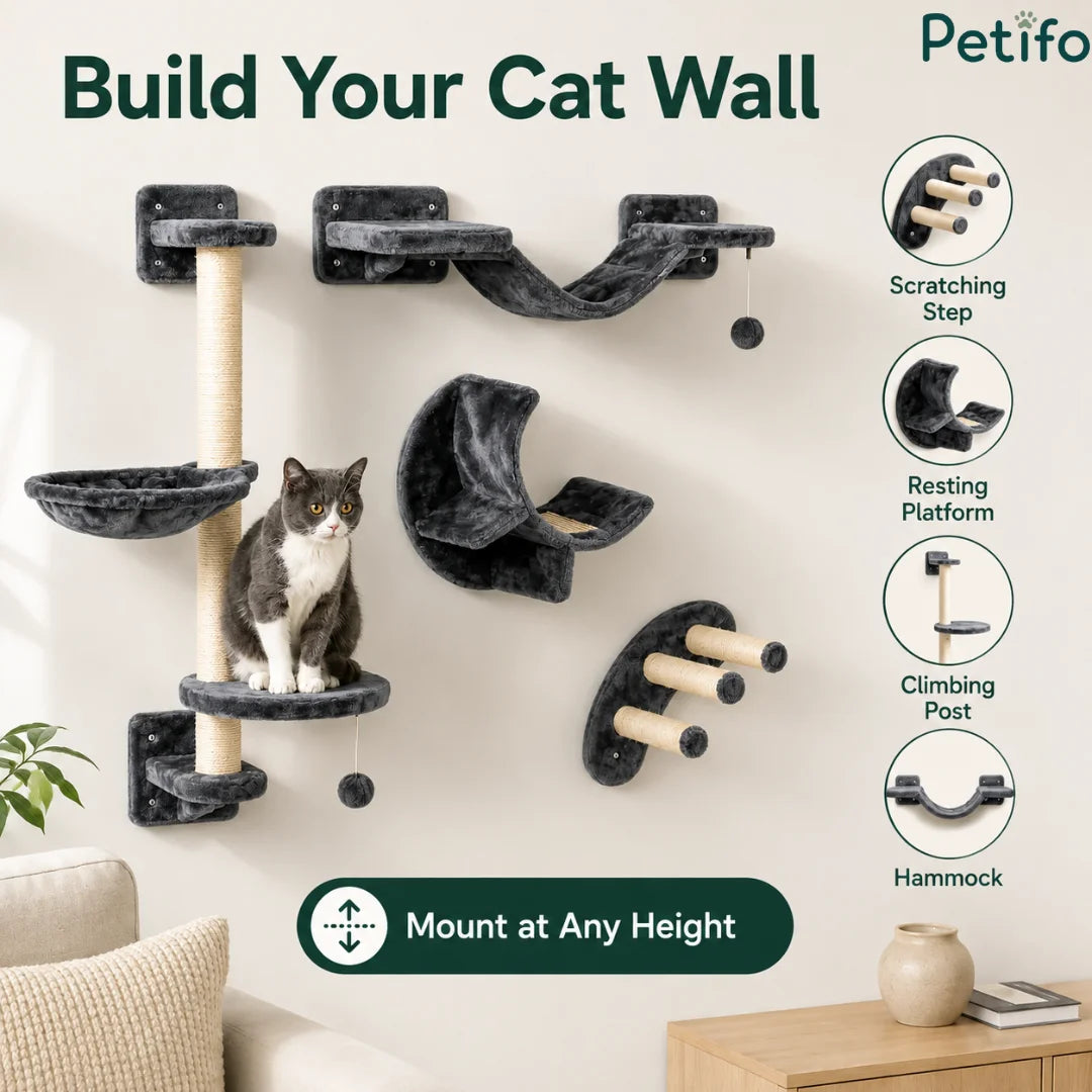 Complete overview of a modular wall cat furniture kit showcasing individual components like scratching steps, platforms, posts, and hammocks.