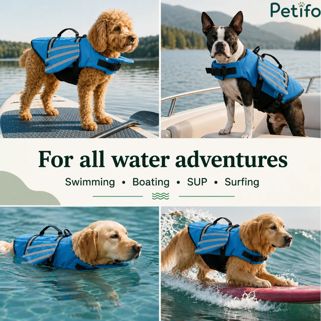 Various dogs enjoying water activities like swimming and paddleboarding while wearing secure blue dog life jackets.