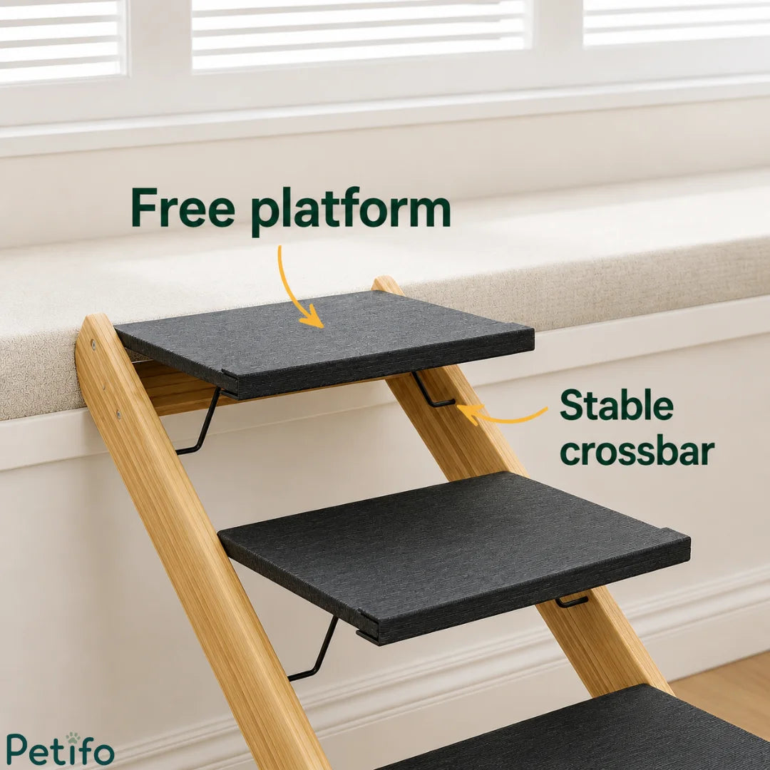 Close-up of wooden pet steps highlighting the free platform design and secure stabilizing crossbars.