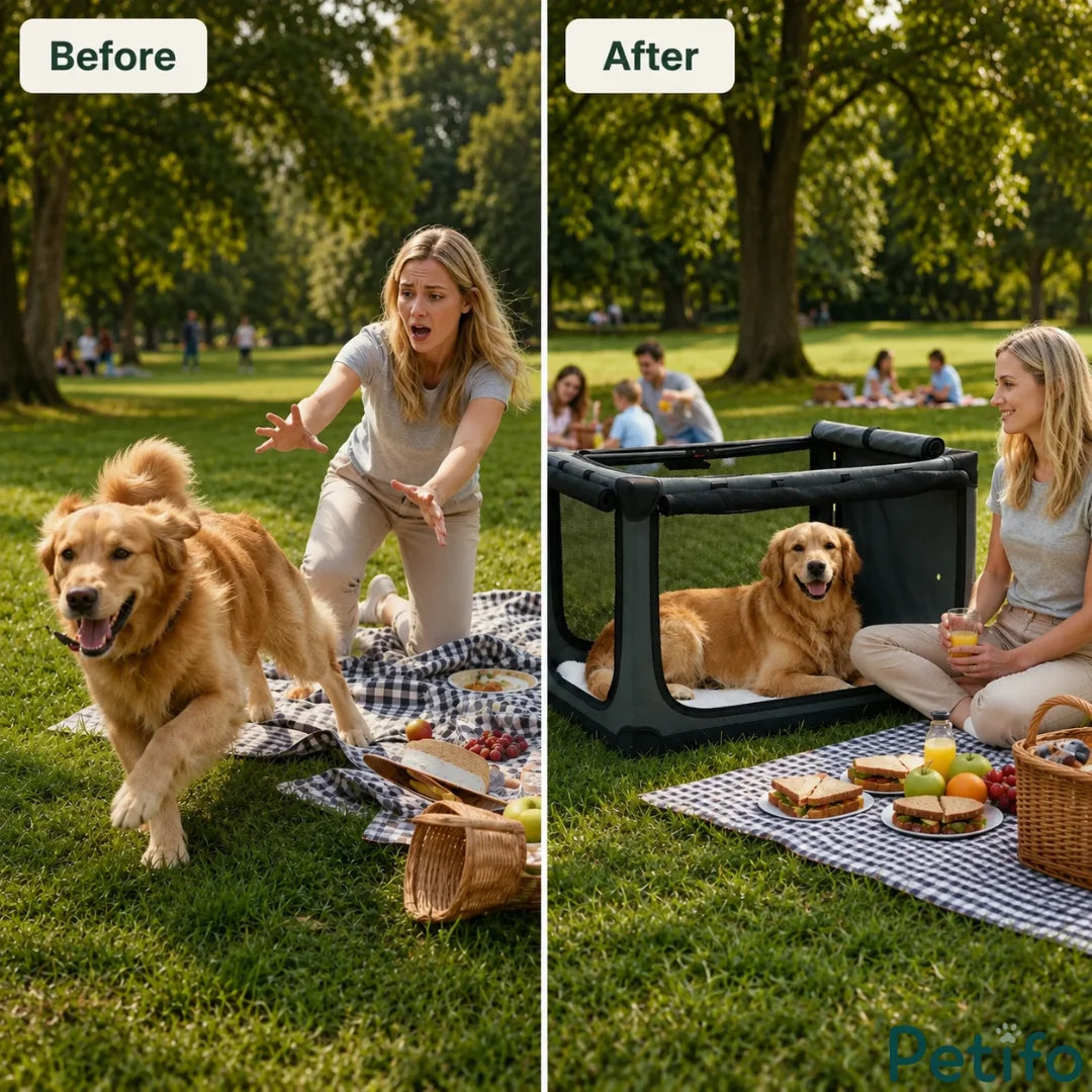 Before-and-after comparison showing a chaotic picnic scene transformed into a calm experience using a secure outdoor dog enclosure.