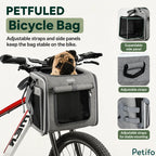 Installation guide demonstrating how to secure the grey pet bike basket to handlebars and frames requiring at least 28 cm of clearance.