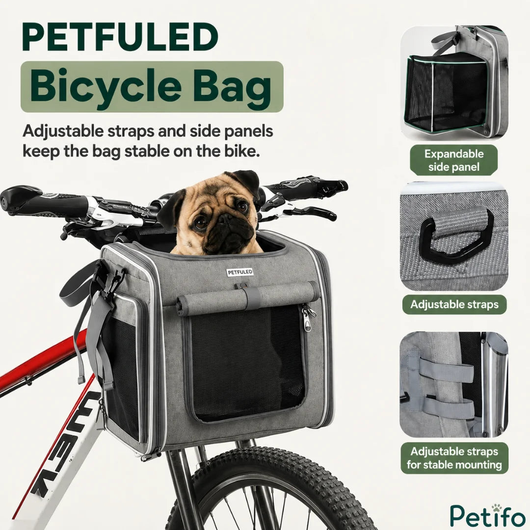 Installation guide demonstrating how to secure the grey pet bike basket to handlebars and frames requiring at least 28 cm of clearance.