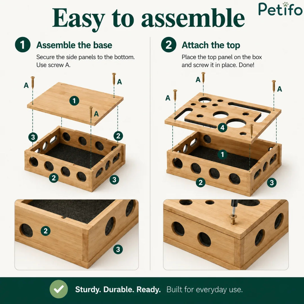 Two-step assembly guide illustrating how to secure the wooden base side panels and attach the top panel using screws.