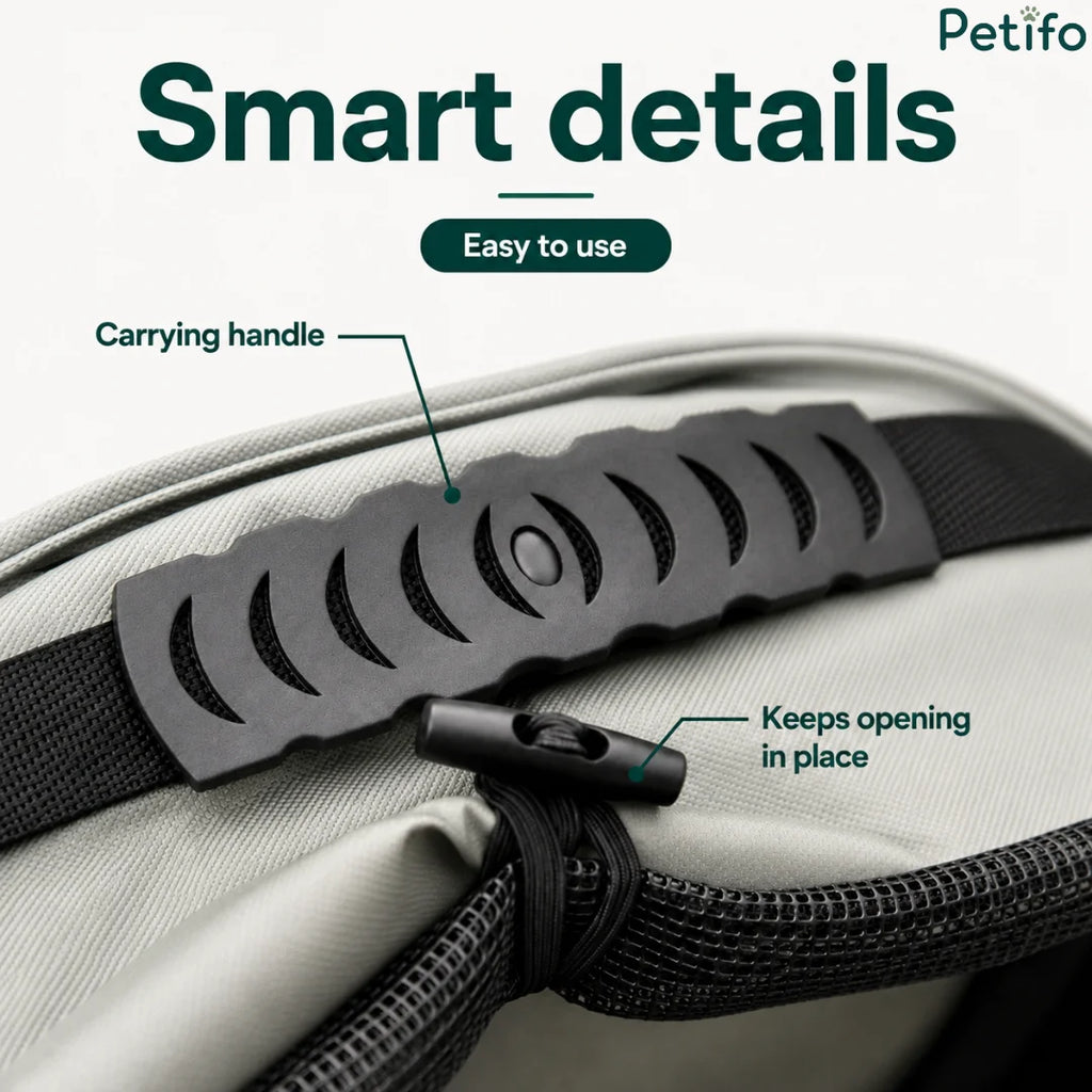 Close-up detail view of the ergonomic carrying handle and secure mesh opening fastener.