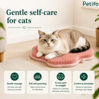 Promotional feature graphic highlighting gentle self-care for cats, featuring four key benefits: gentle massage, soft self-grooming, a cozy spot to snuggle, and comfort and stimulation.