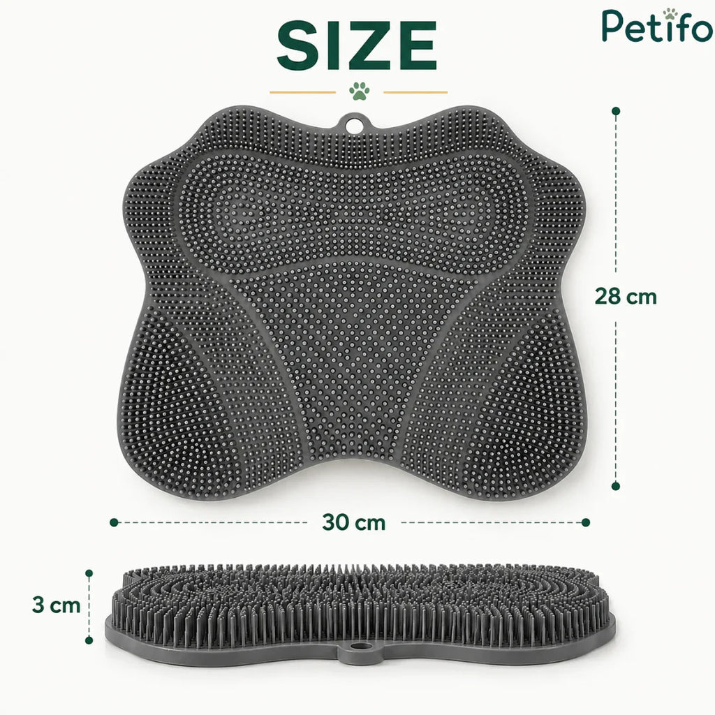 Product dimension diagram of the paw-shaped cat self-groomer pad, showing a width of 30 cm, height of 28 cm, and thickness of 3 cm.
