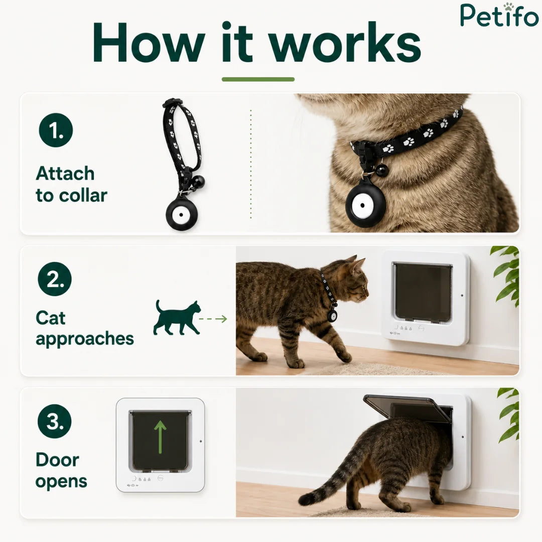 Three-step operational guide illustrating how to attach the sensor to a collar, have the cat approach, and watch the smart door open automatically.