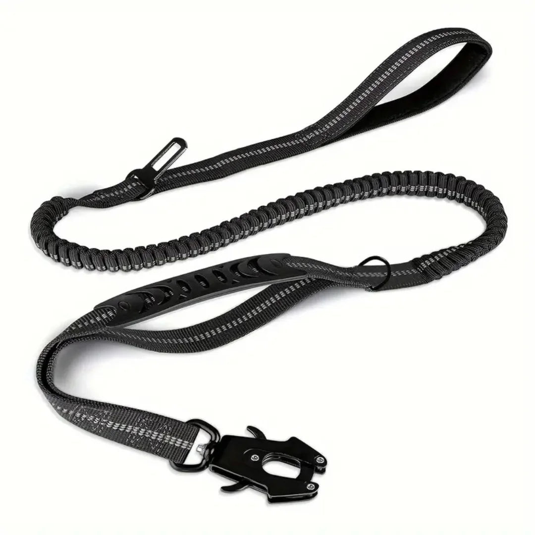 Black shock-absorbing bungee dog leash with a heavy-duty carabiner and comfortable traffic handle on a white background.