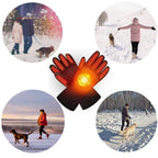  A promotional lifestyle collage showcasing the Petifo heated gloves in the center, surrounded by four circular inset photos of people walking their dogs in snowy winter landscapes.