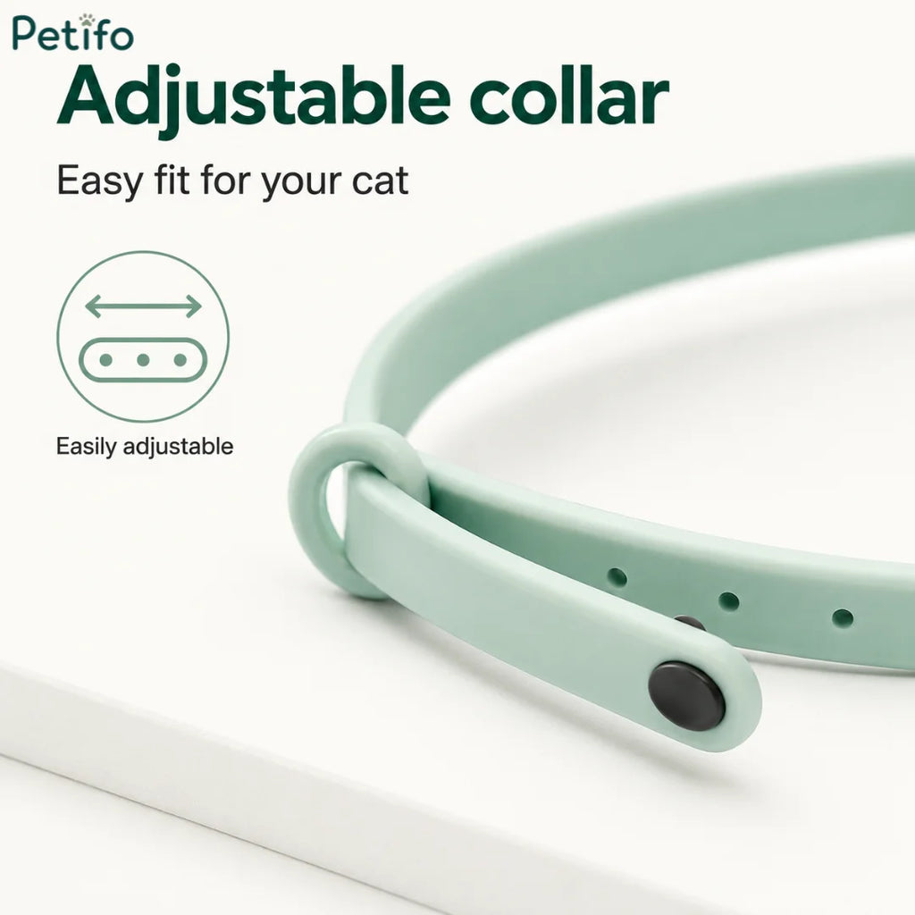 Petifo mint green adjustable silicone cat collar shown on a white surface, highlighting its easy fit and multiple sizing holes.