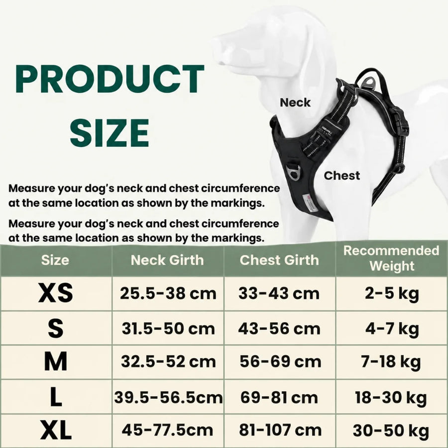 Størrelsesguide til hundesele med mål for størrelserne XS til XL.