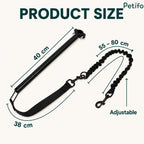 Product size breakdown diagram for the Petifo bicycle dog leash with measurements for the mounting bar and bungee leash.
