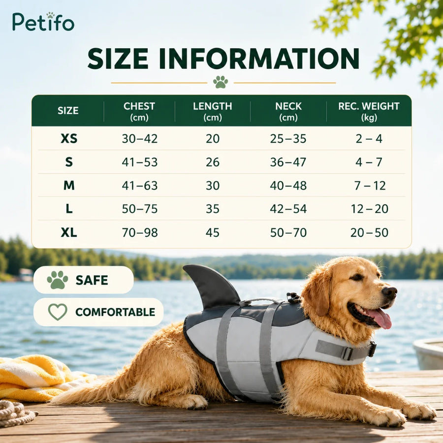 Infografik med størrelsesguide til Petifo-redningsveste til hunde vist ved siden af en Golden Retriever, der hviler på en bådebro.