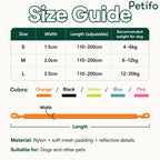Size guide table for the adjustable Petifo dog leash listing width, length, and recommended pet weights.