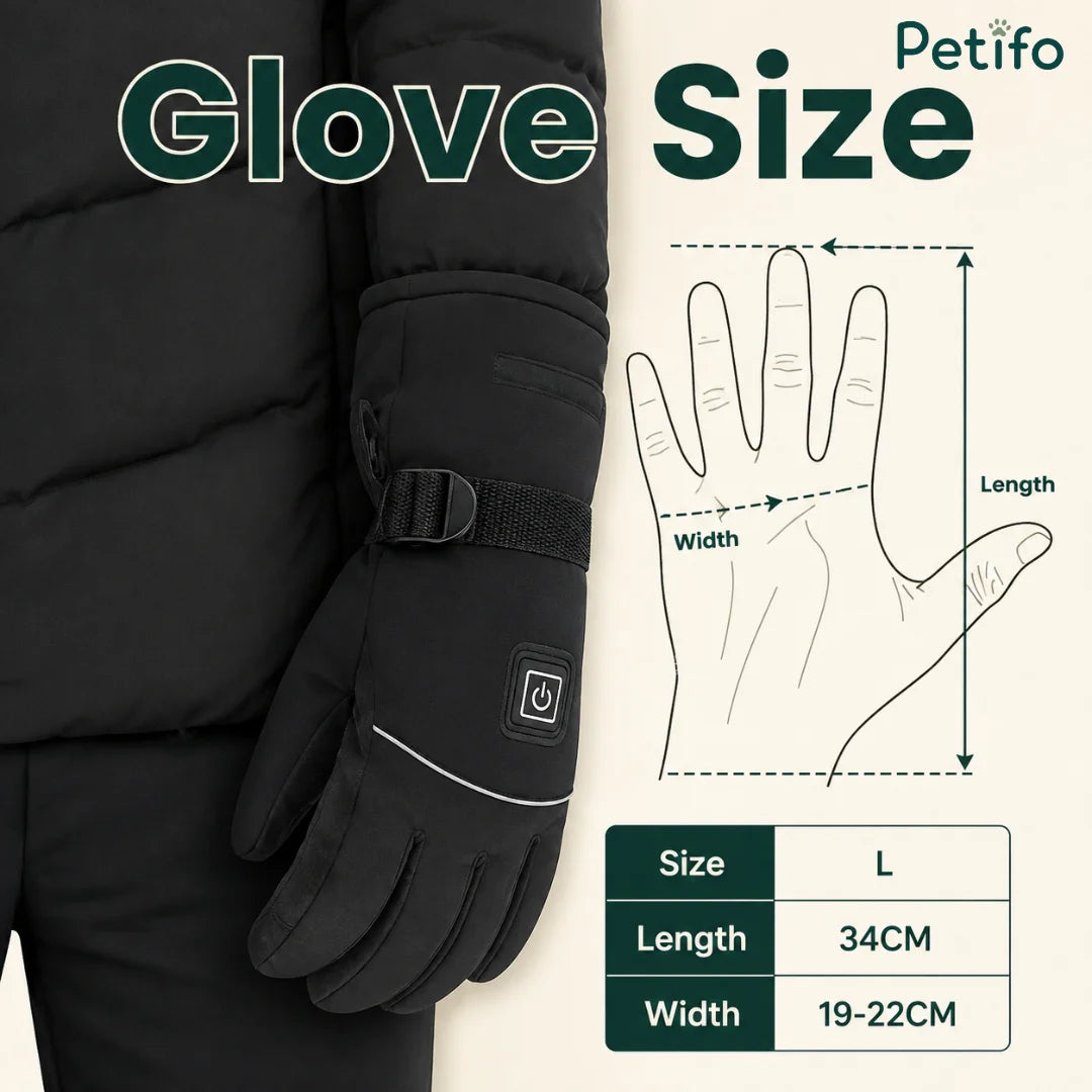 Size guide illustration for the Petifo heated gloves displaying a length of $34\text{ cm}$ and a palm width of $19\text{--}22\text{ cm}$ for a large fit.