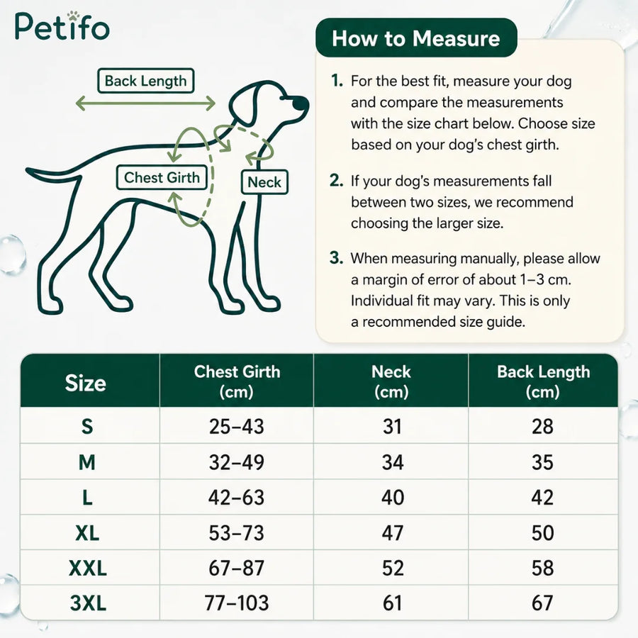 Størrelsesguide til kølevest til hunde med mål for brystomfang, hals og ryglængde.