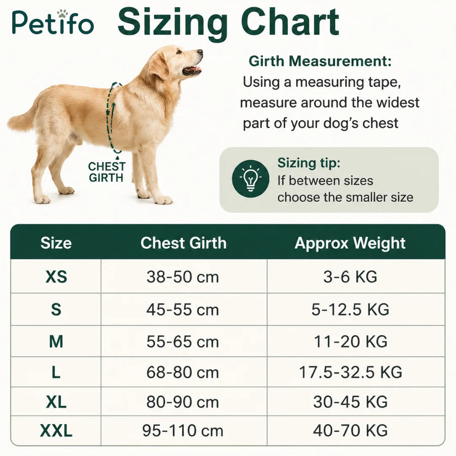 Størrelsesguide til hundesele med angivelse af brystmål og vægtintervaller fra XS til XXL.