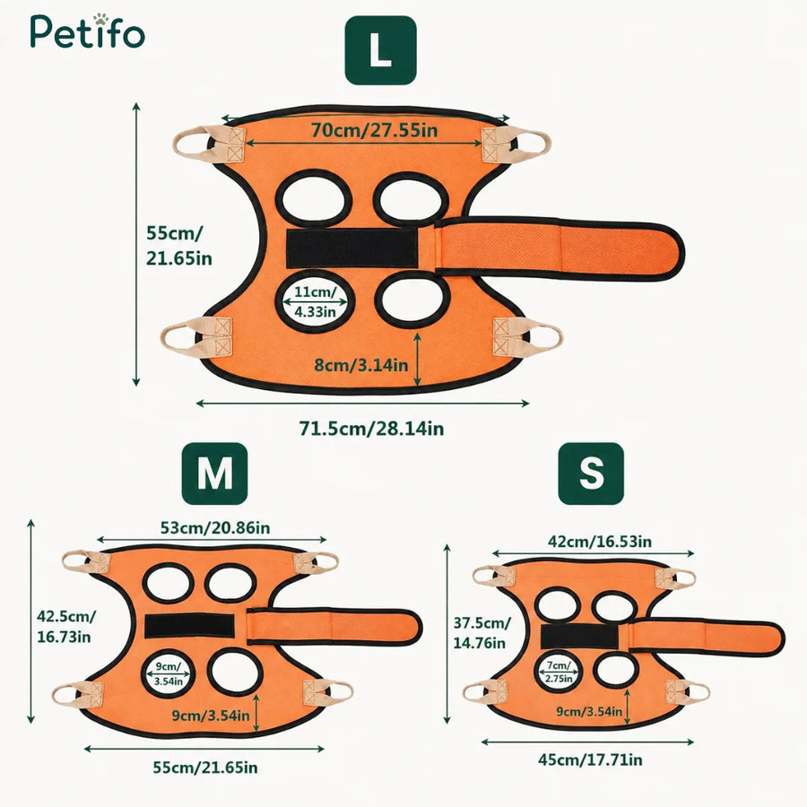 Størrelsesdiagram for Petifo kæledyrsplejehængekøjen med nøjagtige mål for størrelserne L, M og S.