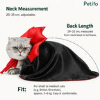 Sizing guide and measurements for the Petifo vampire cape worn by a gray cat, showing neck and back length details.