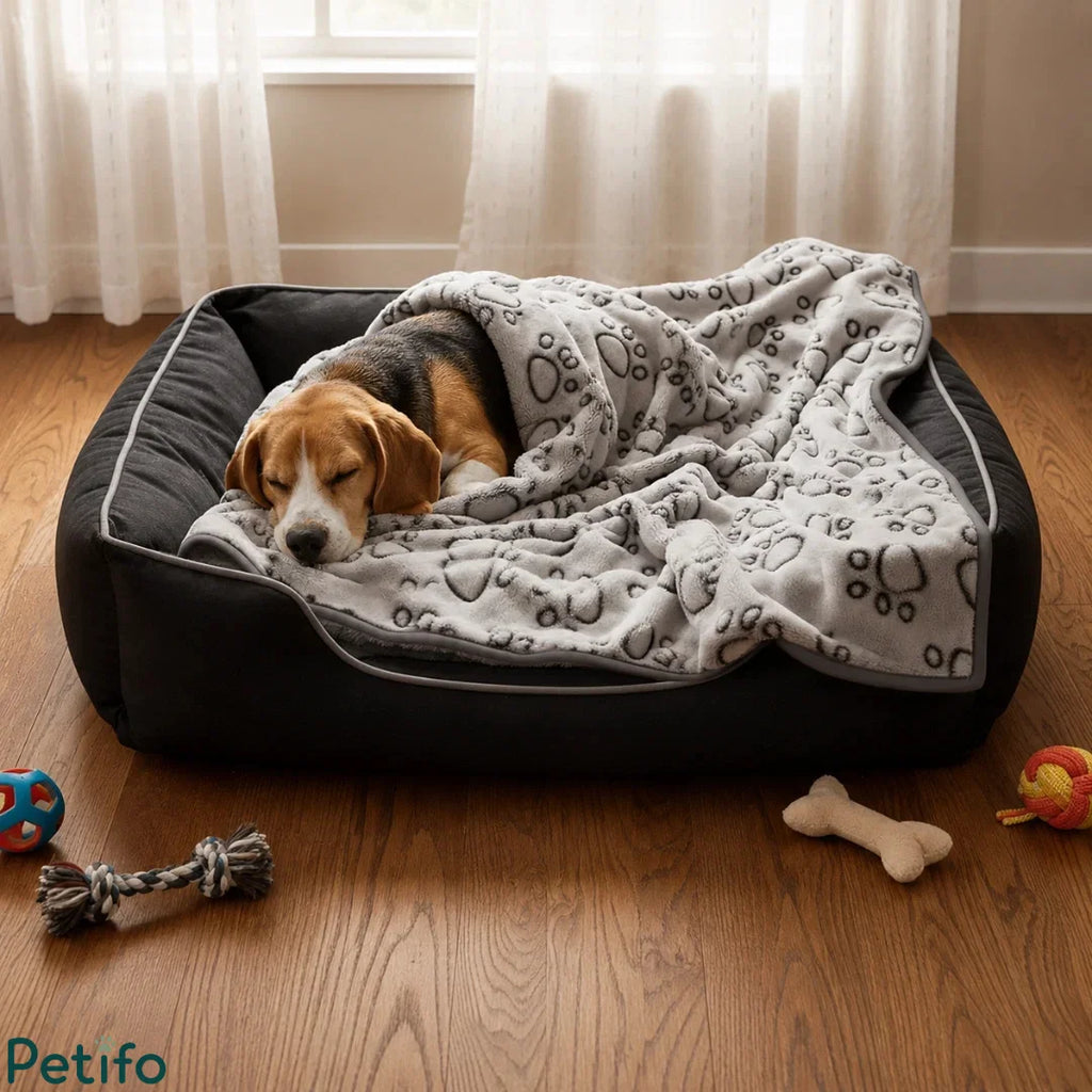 Beagle dog sleeping peacefully wrapped in a grey paw-print fleece blanket inside a black dog bed.