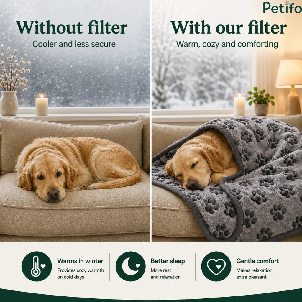 Before and after comparison showing a dog resting uncomfortably without a blanket versus sleeping warmly with a plush blanket.