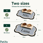 Size guide infographic displaying small and large dimensions for personalized cloud-shaped pet feeding mats with custom pet names.