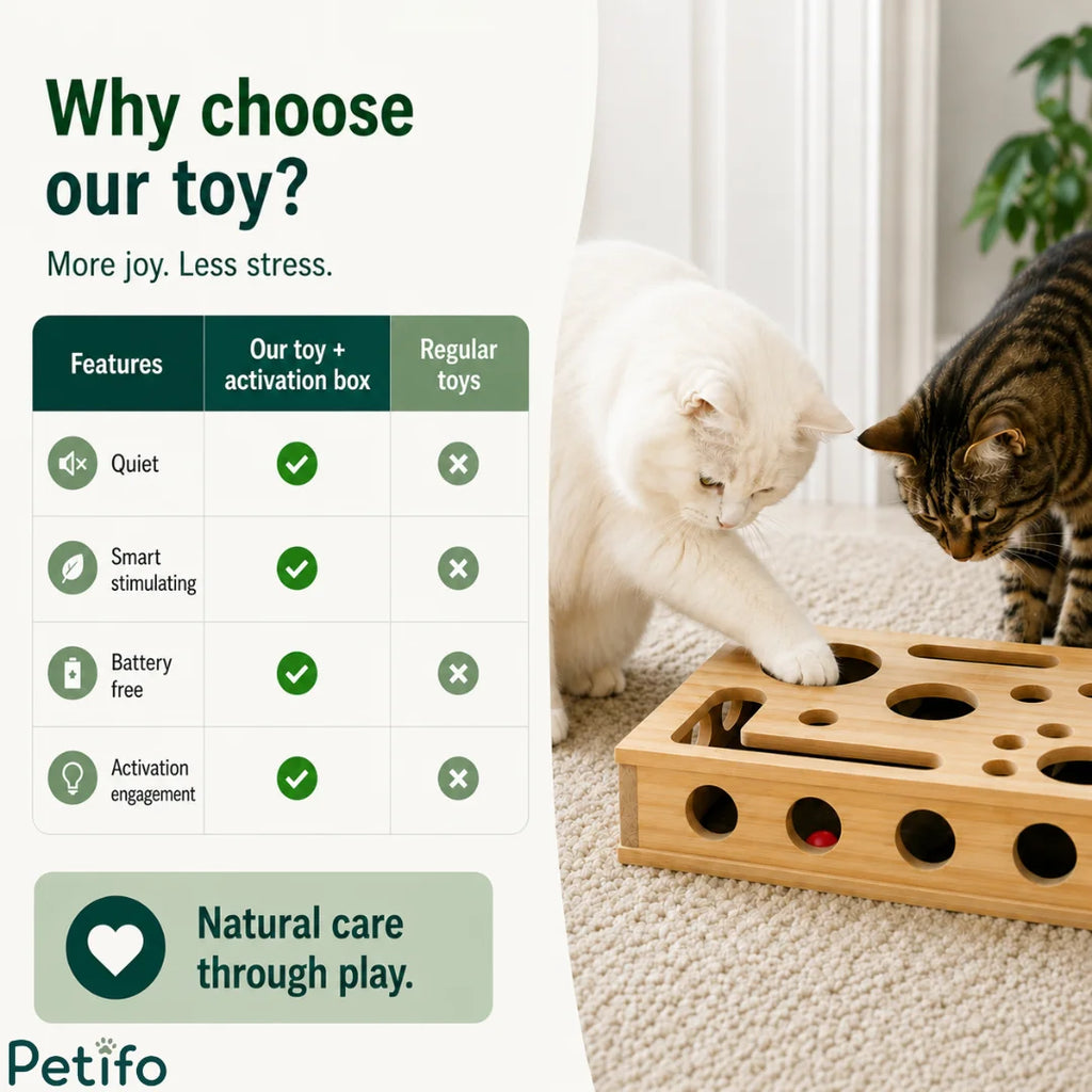 Feature comparison table contrasting the quiet, smart-stimulating, and battery-free wooden toy against regular pet toys, with two cats playing in the background.