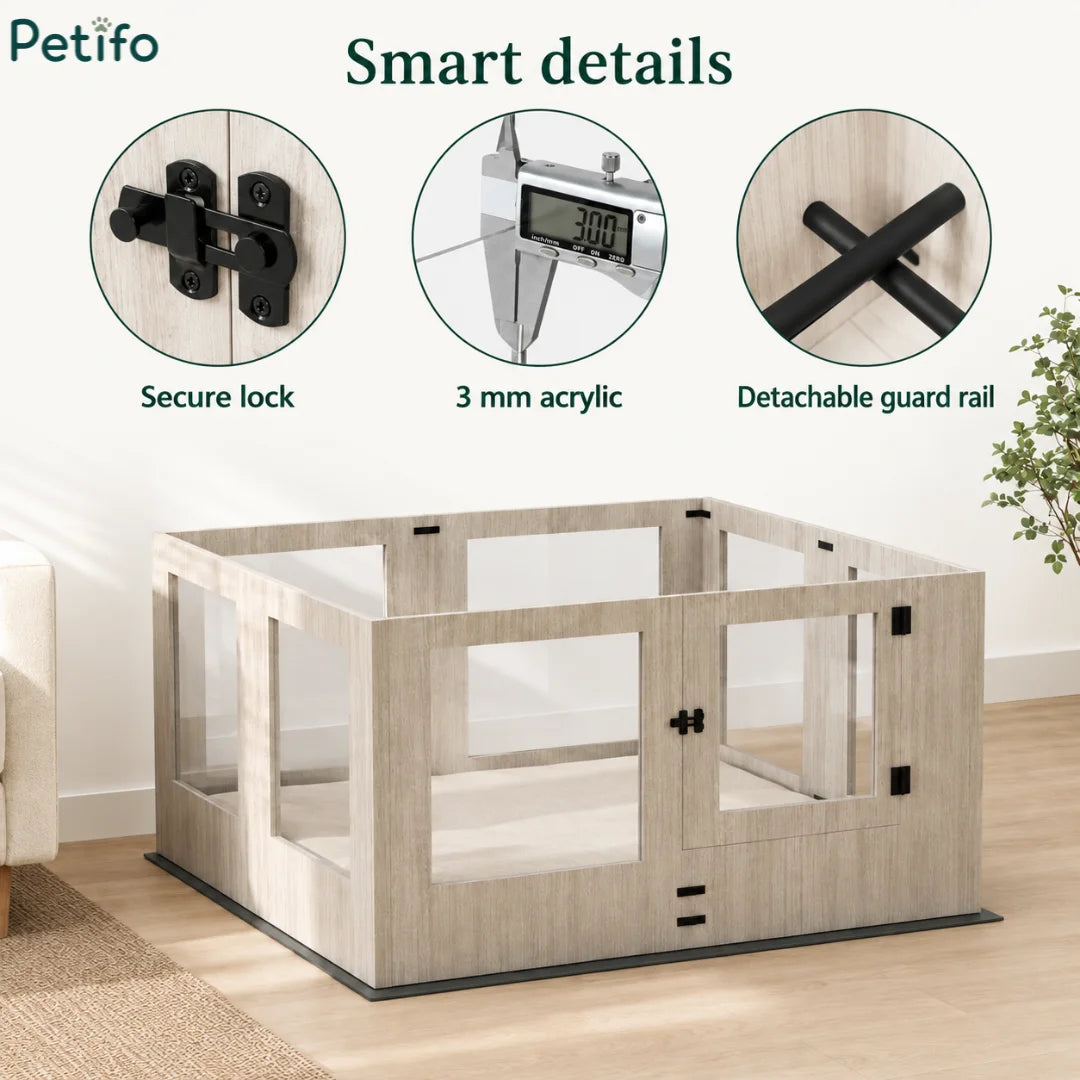 Smart details infographic highlighting key product features of the Petifo playpen, including a secure lock, 3 mm thick acrylic panels, and a detachable guard rail.