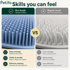 Comparative infographic contrasting upright bristles on the Petifo brush with bent, soft bristles on a regular brush, detailing advantages in massage depth, durability, and cleaning effectiveness.