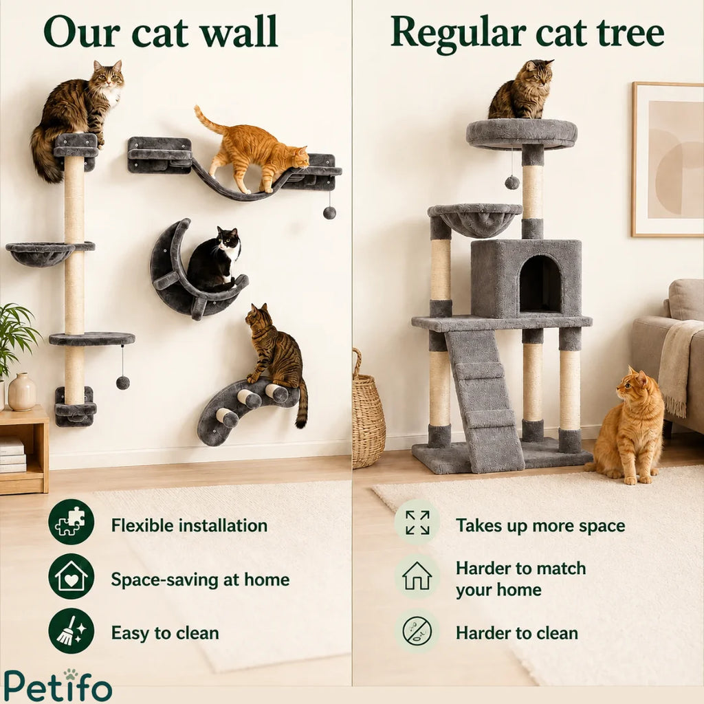Infographic comparing the space-saving benefits of a modular wall-mounted cat furniture set against a traditional bulky cat tree.