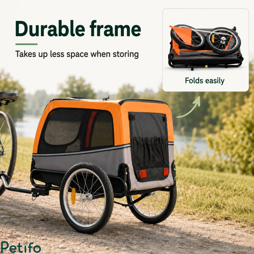 Grey and orange dog bike trailer shown fully assembled alongside a folded-up view demonstrating its space-saving storage design.