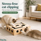 Lifestyle promotional banner emphasizing stress-free cat claw filing and maintenance through everyday interactive play.