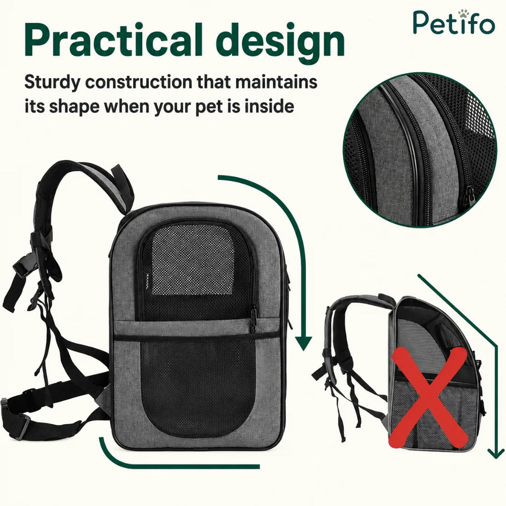 Sturdy structured gray pet backpack designed to maintain its shape during travel.